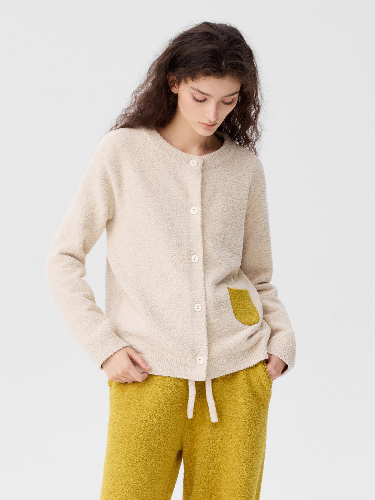 Contrast-Color Pocket Half-Velvet Cardigan Loungewear