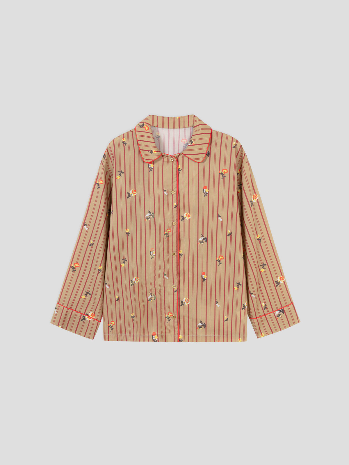 Retro Embroidered Floral-Striped Long-Sleeve Loungewear