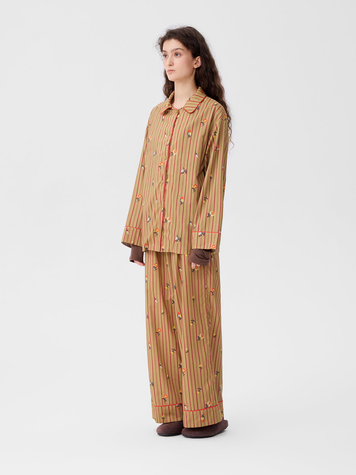 Retro Embroidered Floral-Striped Long-Sleeve Loungewear