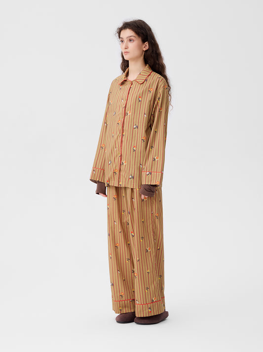 Retro Embroidered Floral-Striped Long-Sleeve Loungewear