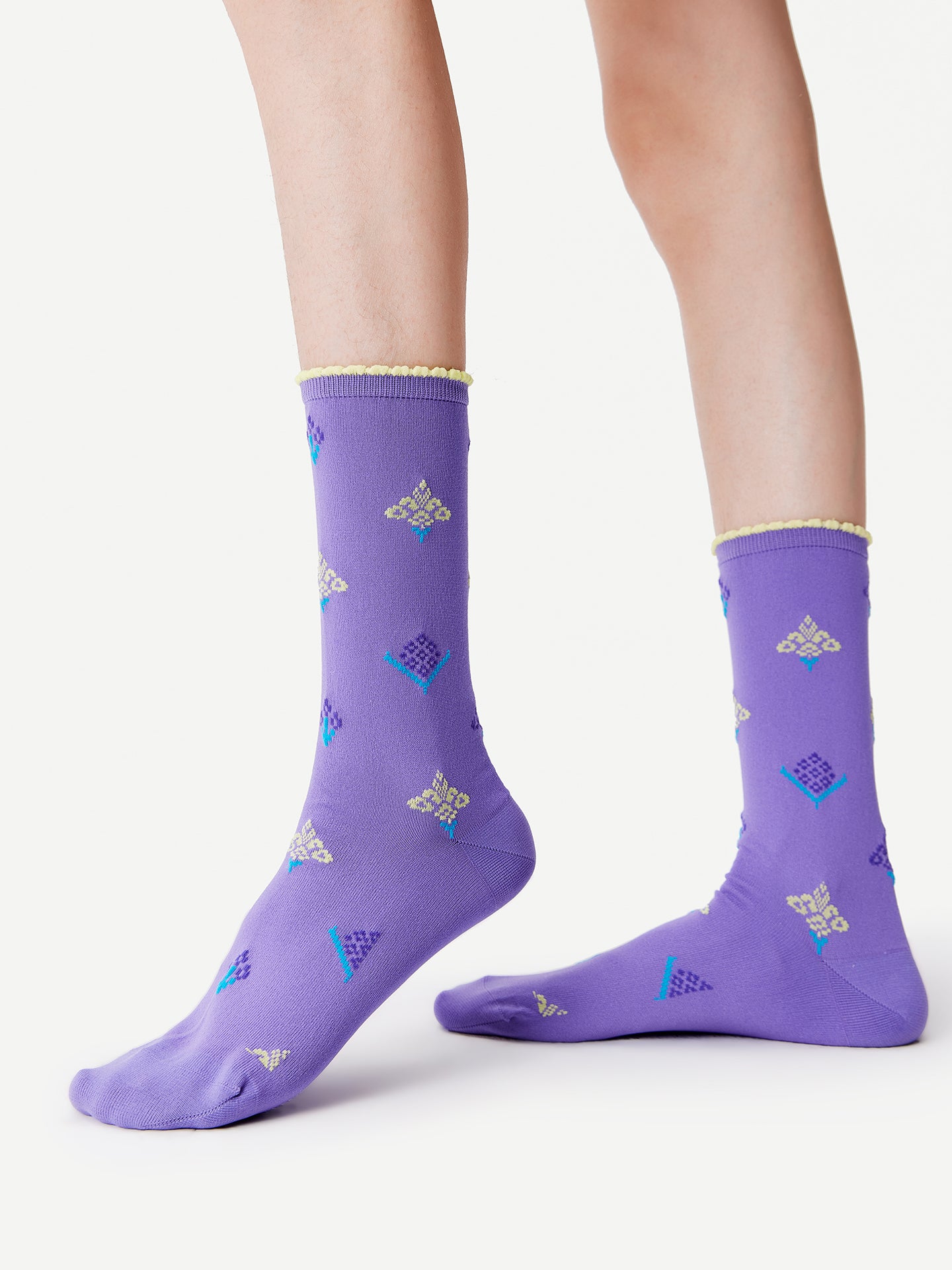 Ruffle-Trim Ethnic Brocade Crew Socks