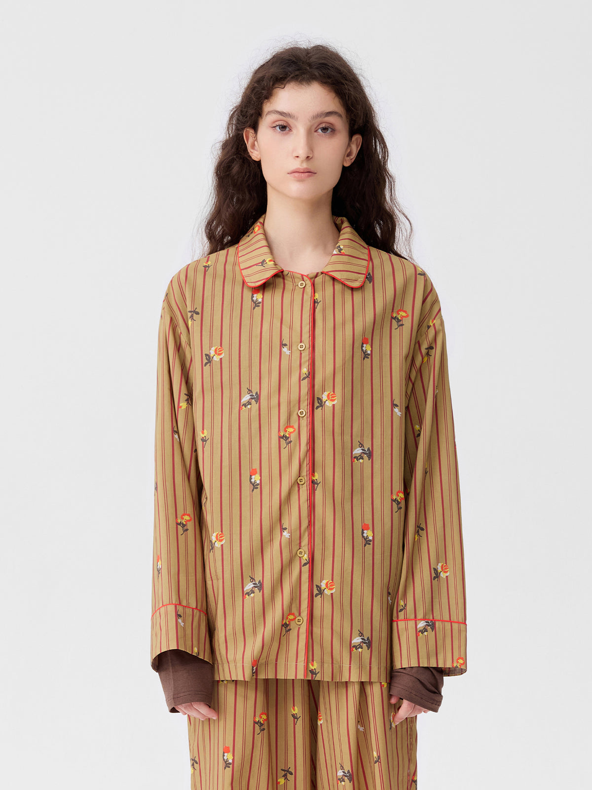 Retro Embroidered Floral-Striped Long-Sleeve Loungewear
