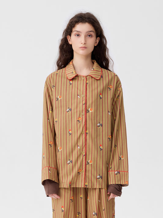 Retro Embroidered Floral-Striped Long-Sleeve Loungewear