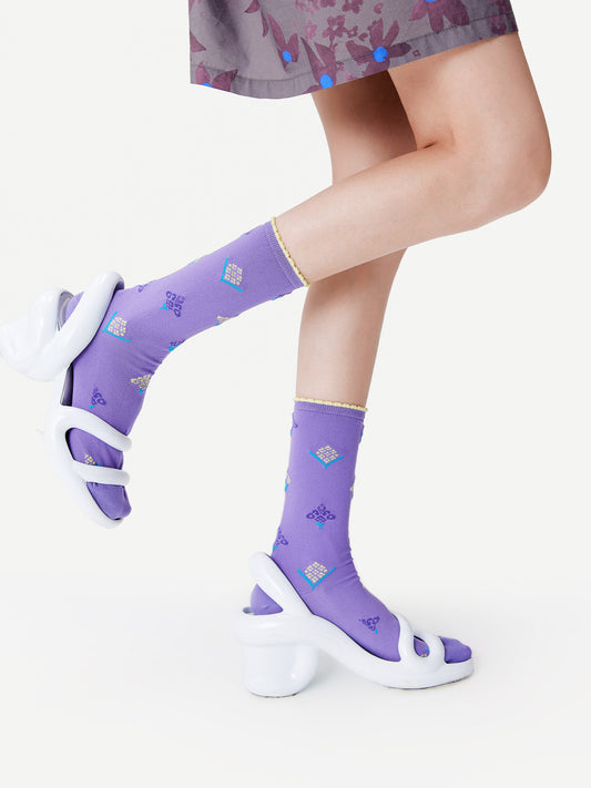 Ruffle-Trim Ethnic Brocade Crew Socks