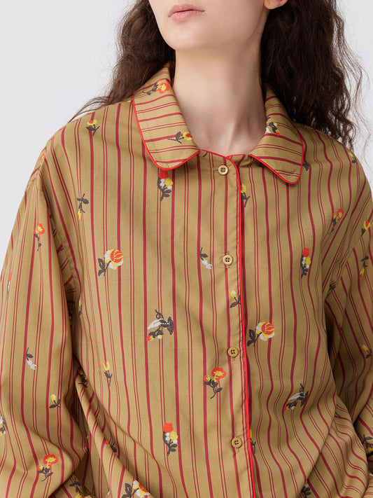 Retro Embroidered Floral-Striped Long-Sleeve Loungewear