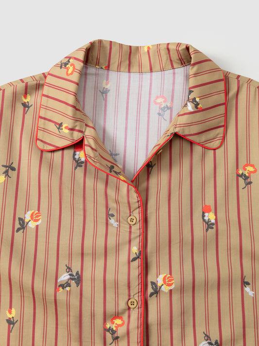 Retro Embroidered Floral-Striped Long-Sleeve Loungewear