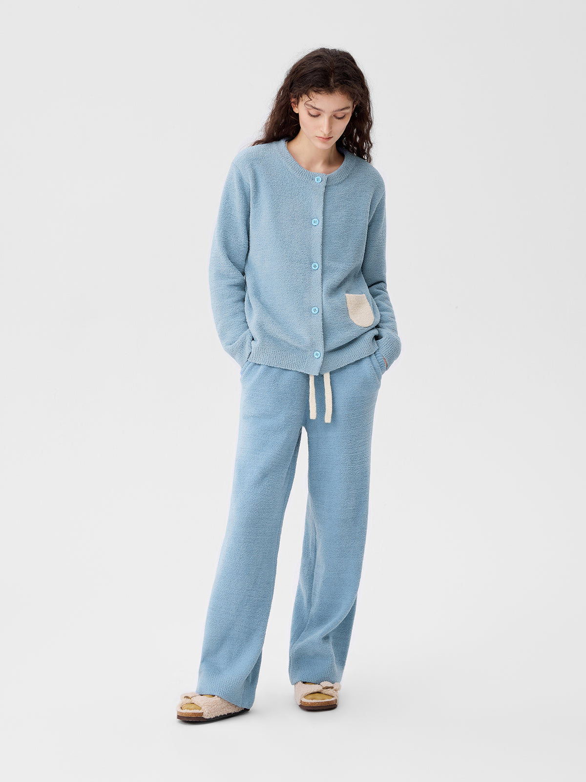 Contrast-Color Pocket Half-Velvet Cardigan Loungewear