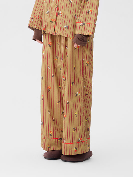 Retro Embroidered Floral-Striped Long-Sleeve Loungewear