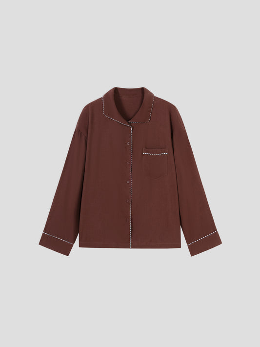 Solid-Color Twill-Striped Long-Sleeve Loungewear