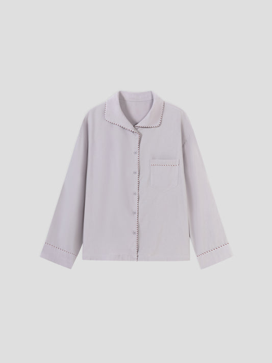 Solid-Color Twill-Striped Long-Sleeve Loungewear