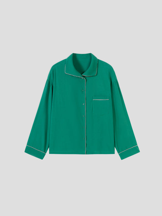 Solid-Color Twill-Striped Long-Sleeve Loungewear