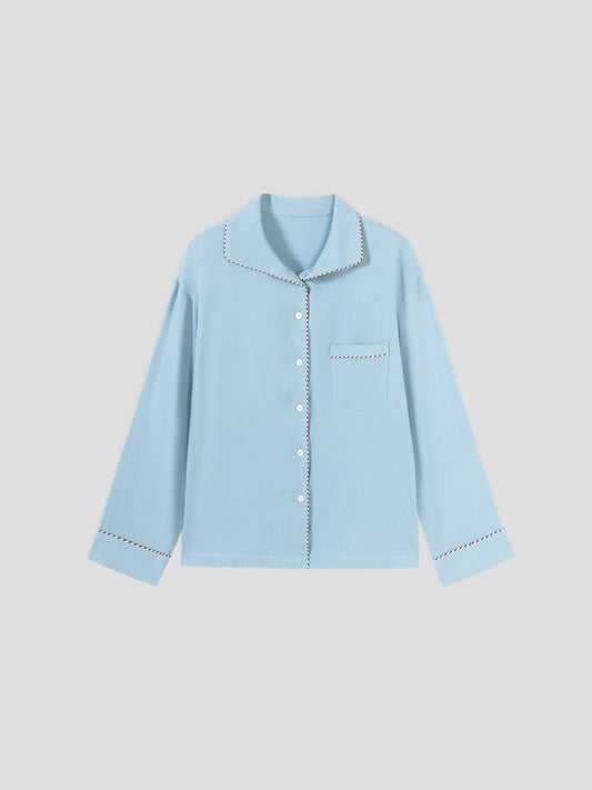 Solid-Color Twill-Striped Long-Sleeve Loungewear