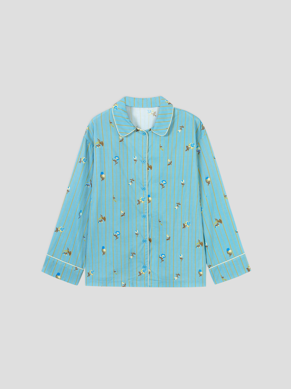 Retro Embroidered Floral-Striped Long-Sleeve Loungewear