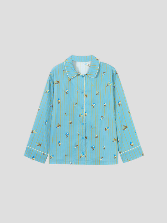 Retro Embroidered Floral-Striped Long-Sleeve Loungewear