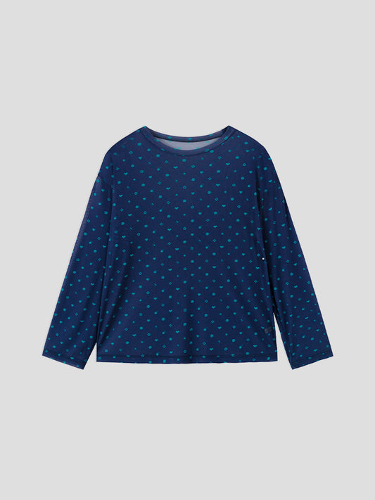 Printed Symbol & Polka Dot Mesh Top
