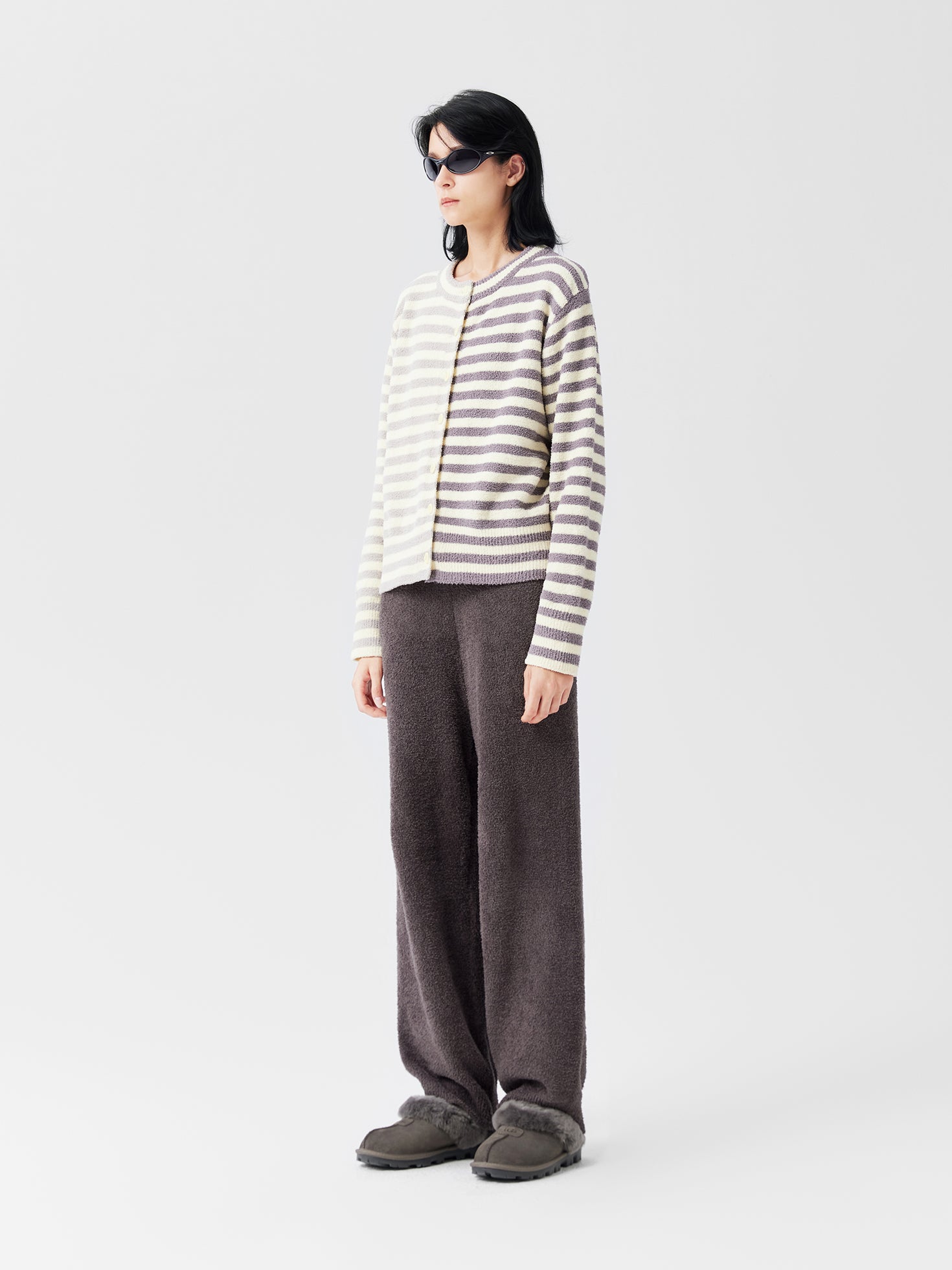 Stripped Cardigan Soft Sherpa Set