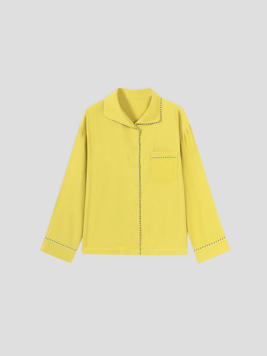 Solid-Color Twill-Striped Long-Sleeve Loungewear