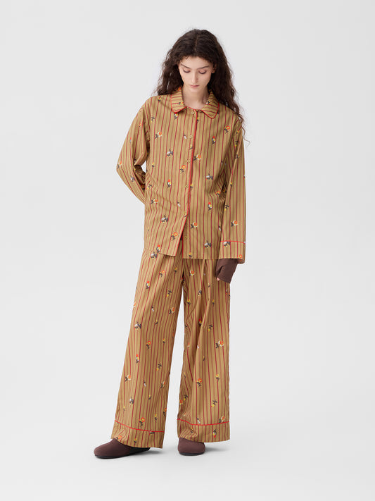 Retro Embroidered Floral-Striped Long-Sleeve Loungewear