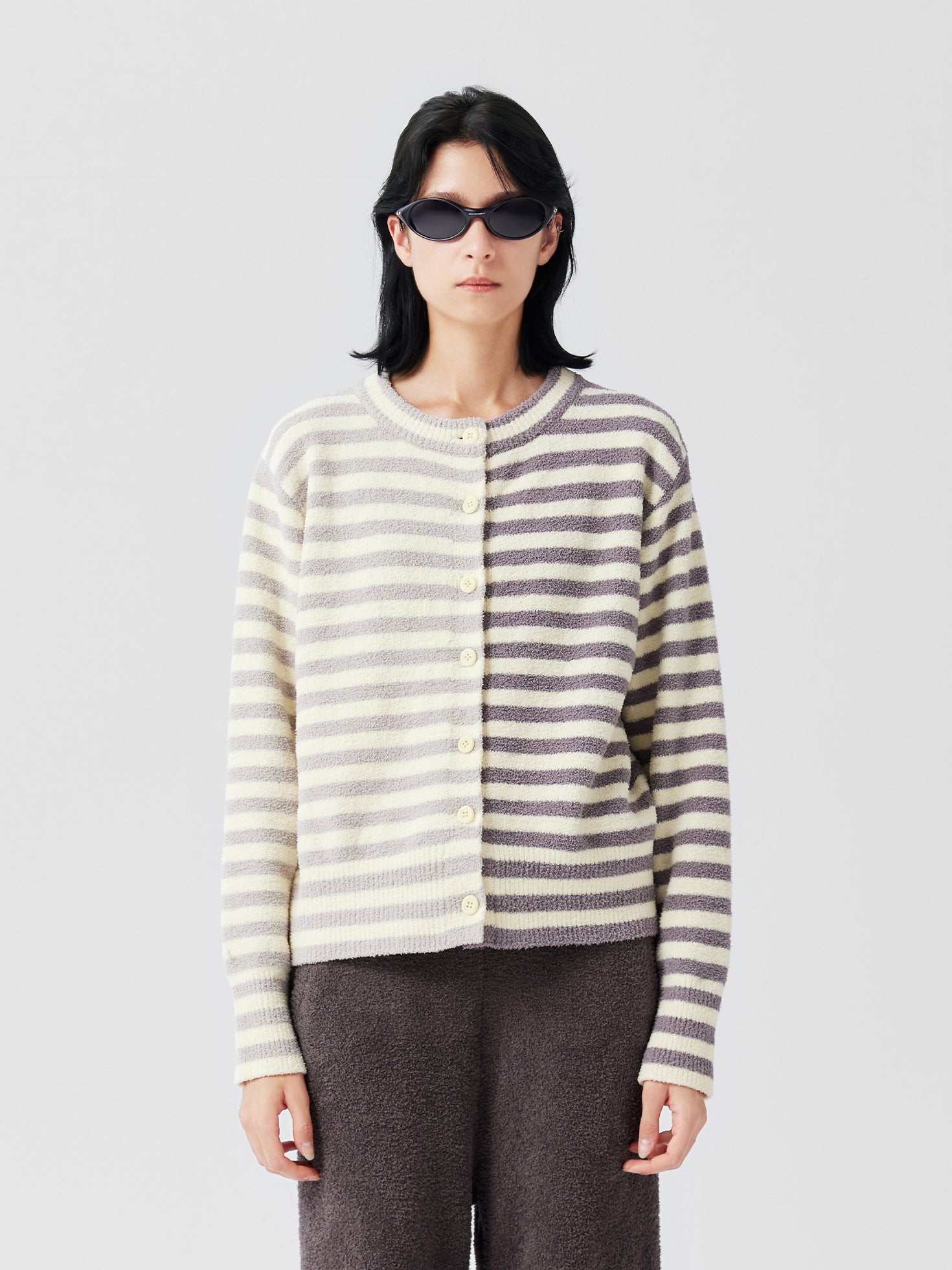 Stripped Cardigan Soft Sherpa Set