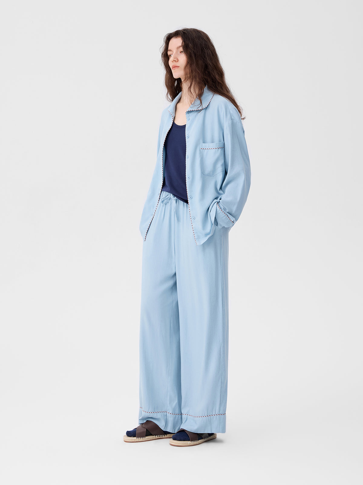 Solid-Color Twill-Striped Long-Sleeve Loungewear