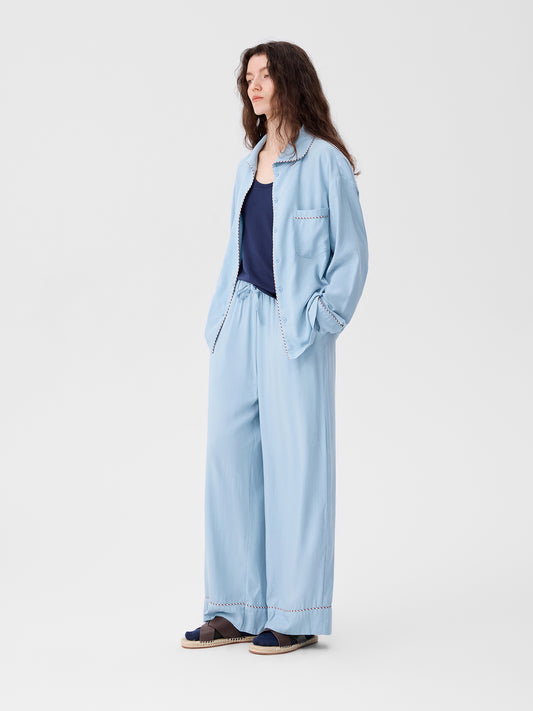 Solid-Color Twill-Striped Long-Sleeve Loungewear