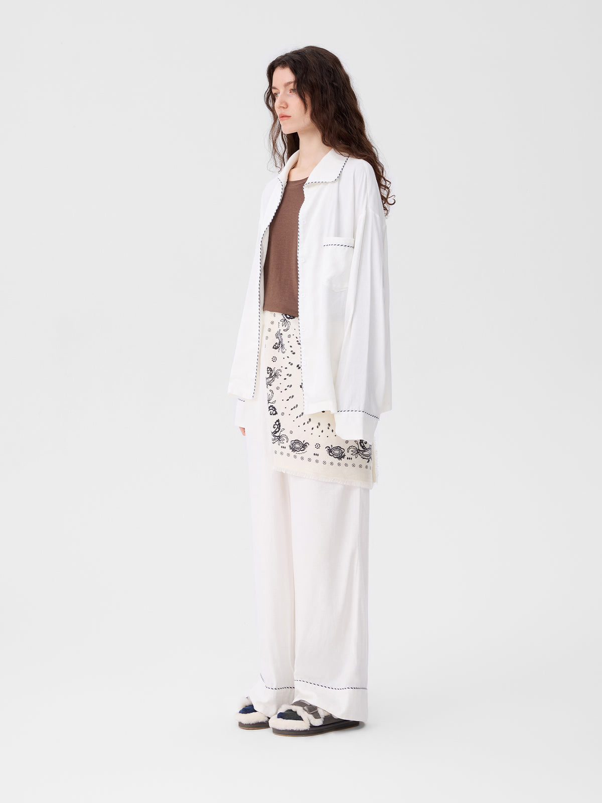 Solid-Color Twill-Striped Long-Sleeve Loungewear