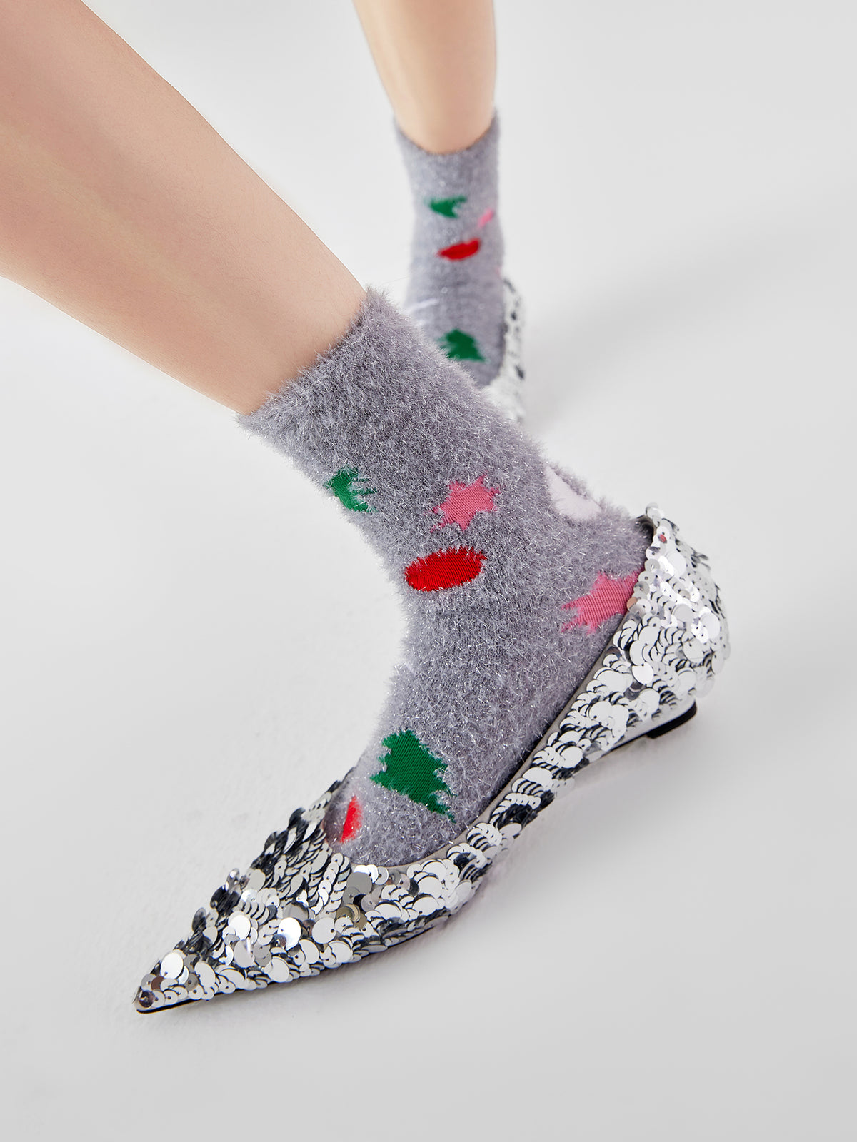 Fuzzy Silver-and-Green Christmas Socks