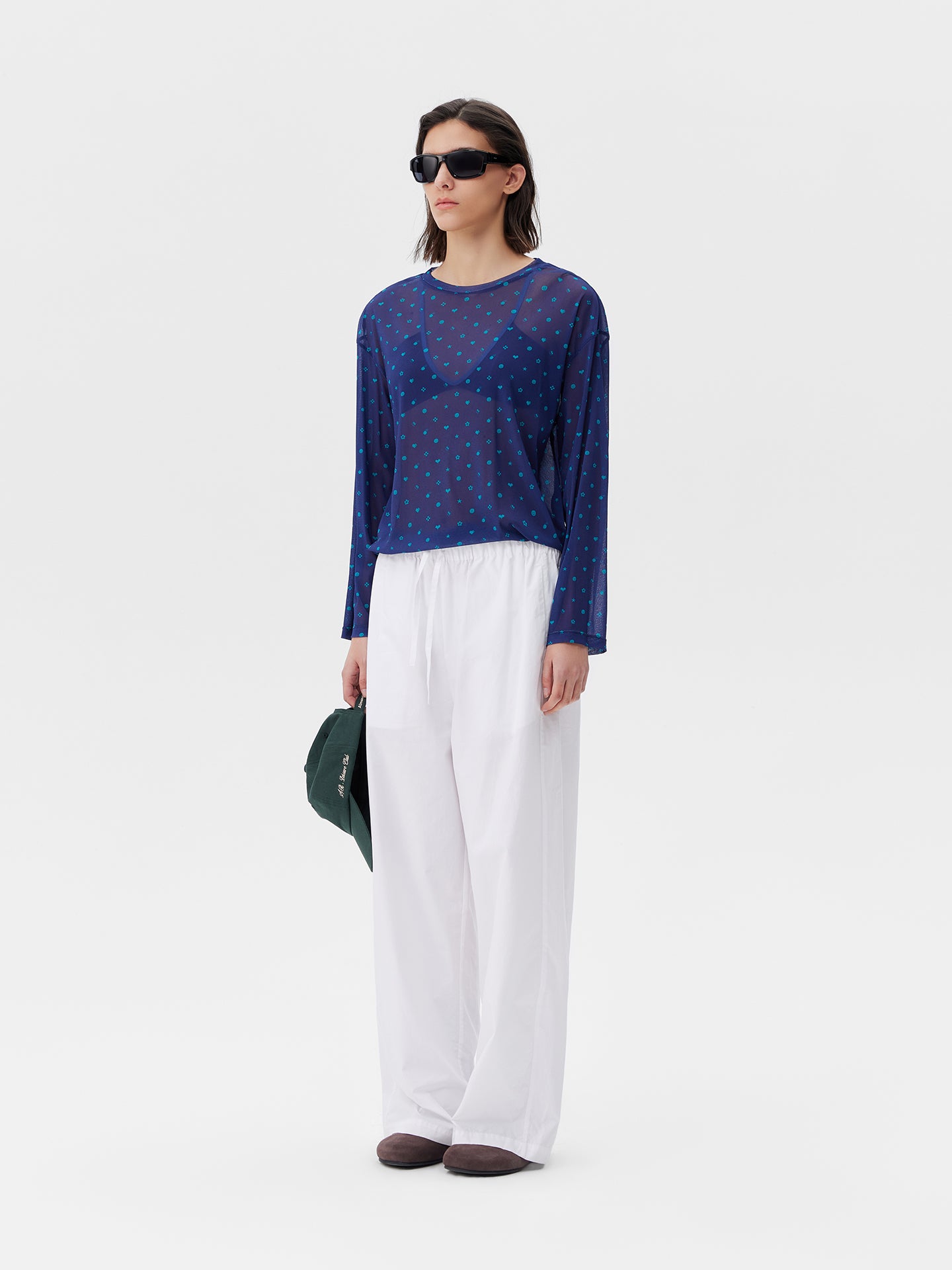 Printed Symbol & Polka Dot Mesh Top