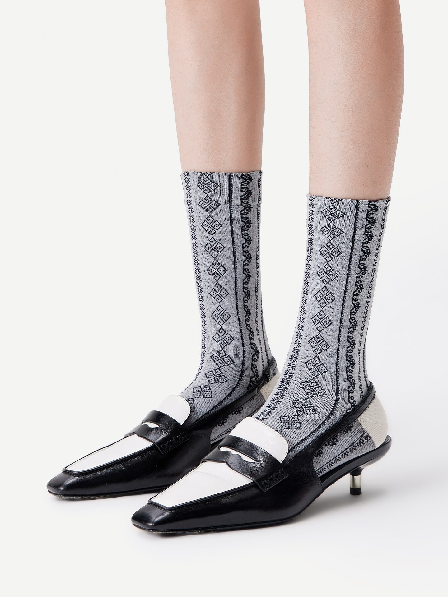 Brocade-Textured Double Cuff Crew Sock