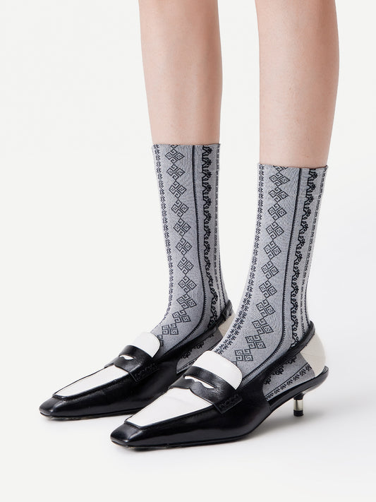 Brocade-Textured Double Cuff Crew Sock