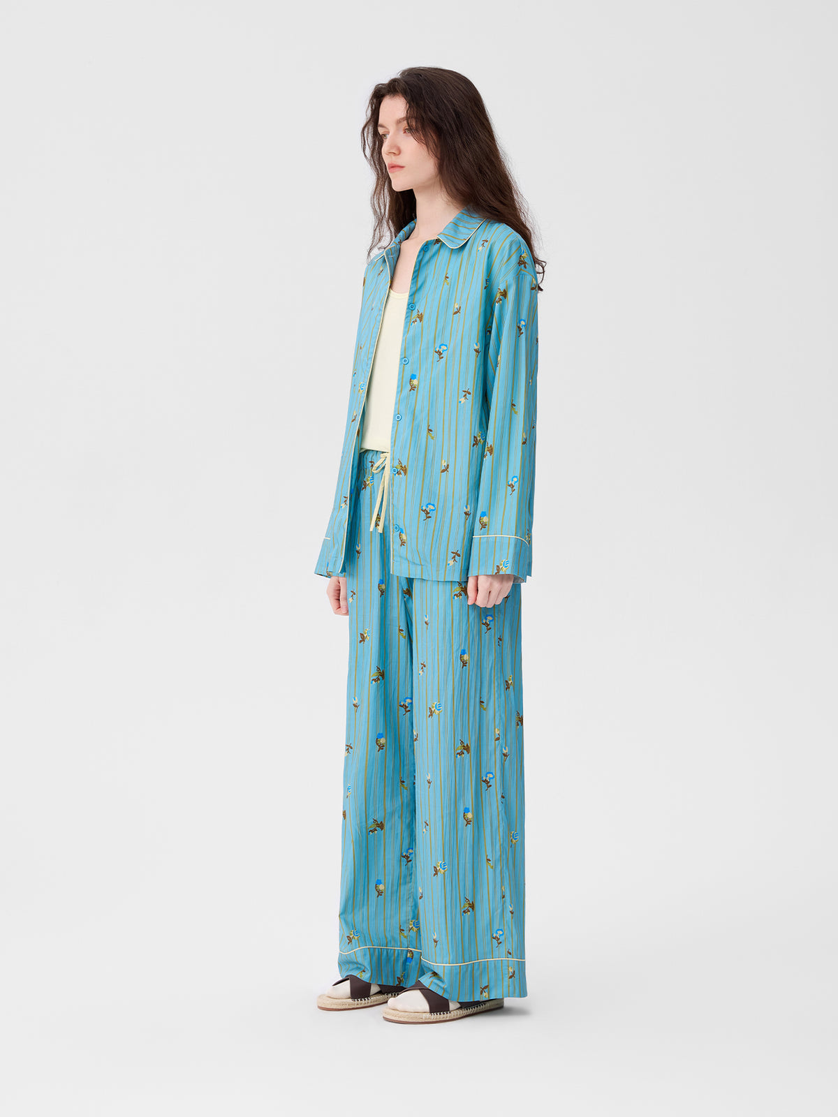 Retro Embroidered Floral-Striped Long-Sleeve Loungewear