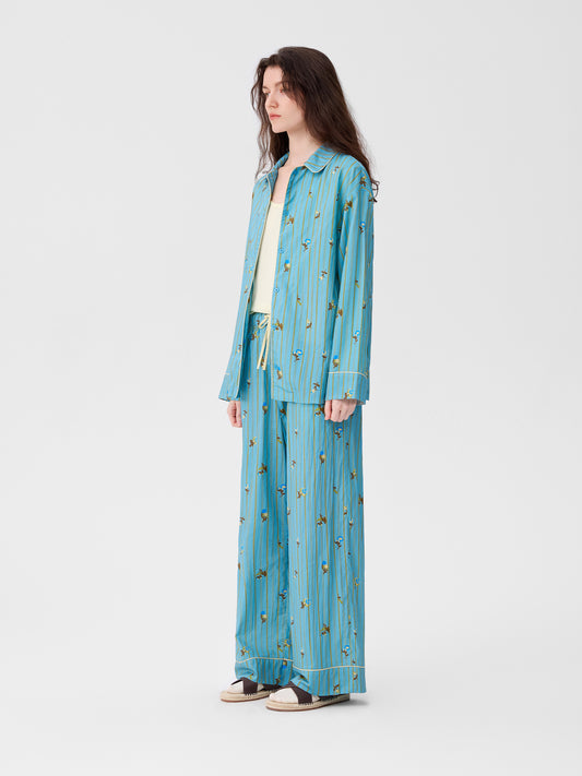 Retro Embroidered Floral-Striped Long-Sleeve Loungewear