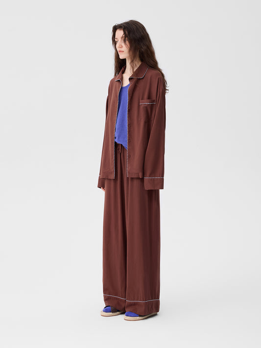 Solid-Color Twill-Striped Long-Sleeve Loungewear