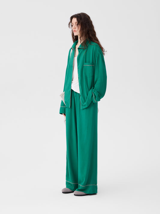 Solid-Color Twill-Striped Long-Sleeve Loungewear