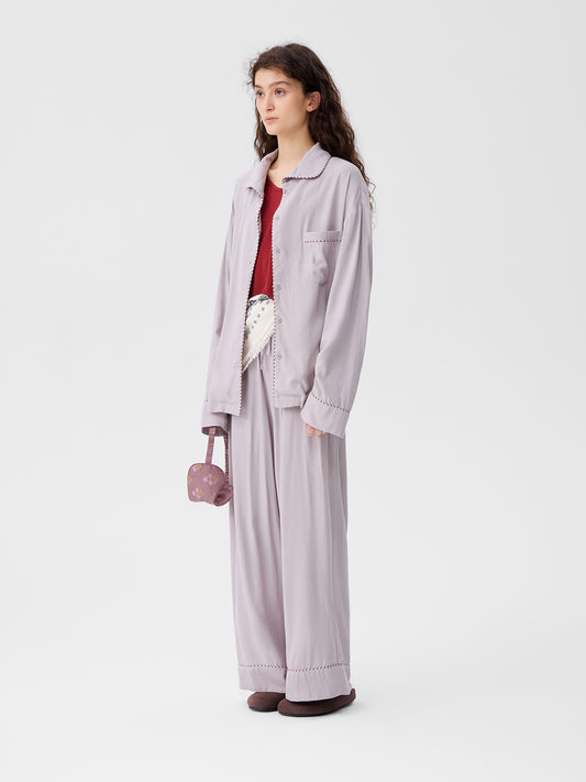 Solid-Color Twill-Striped Long-Sleeve Loungewear