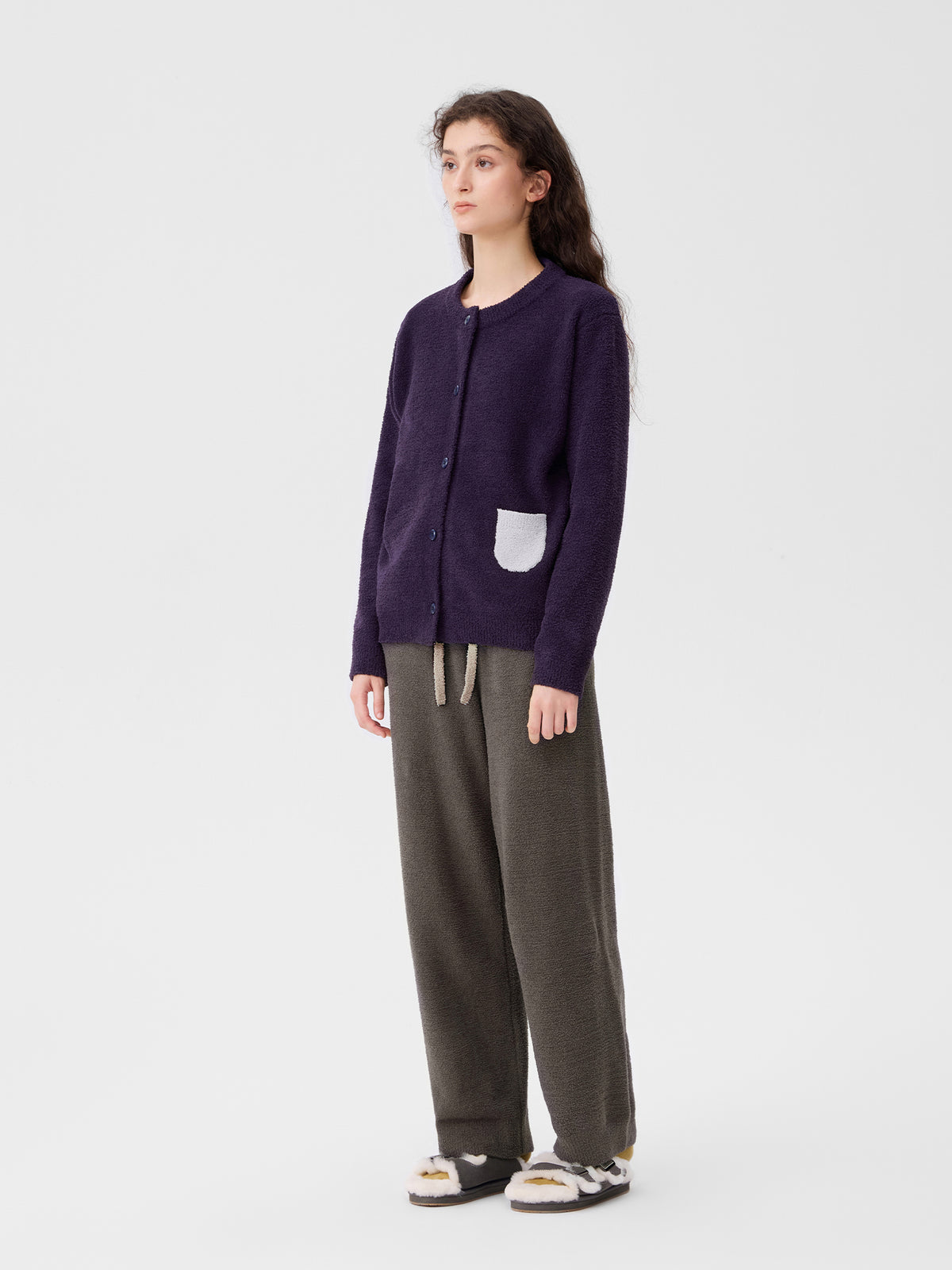 Contrast-Color Pocket Half-Velvet Cardigan Loungewear