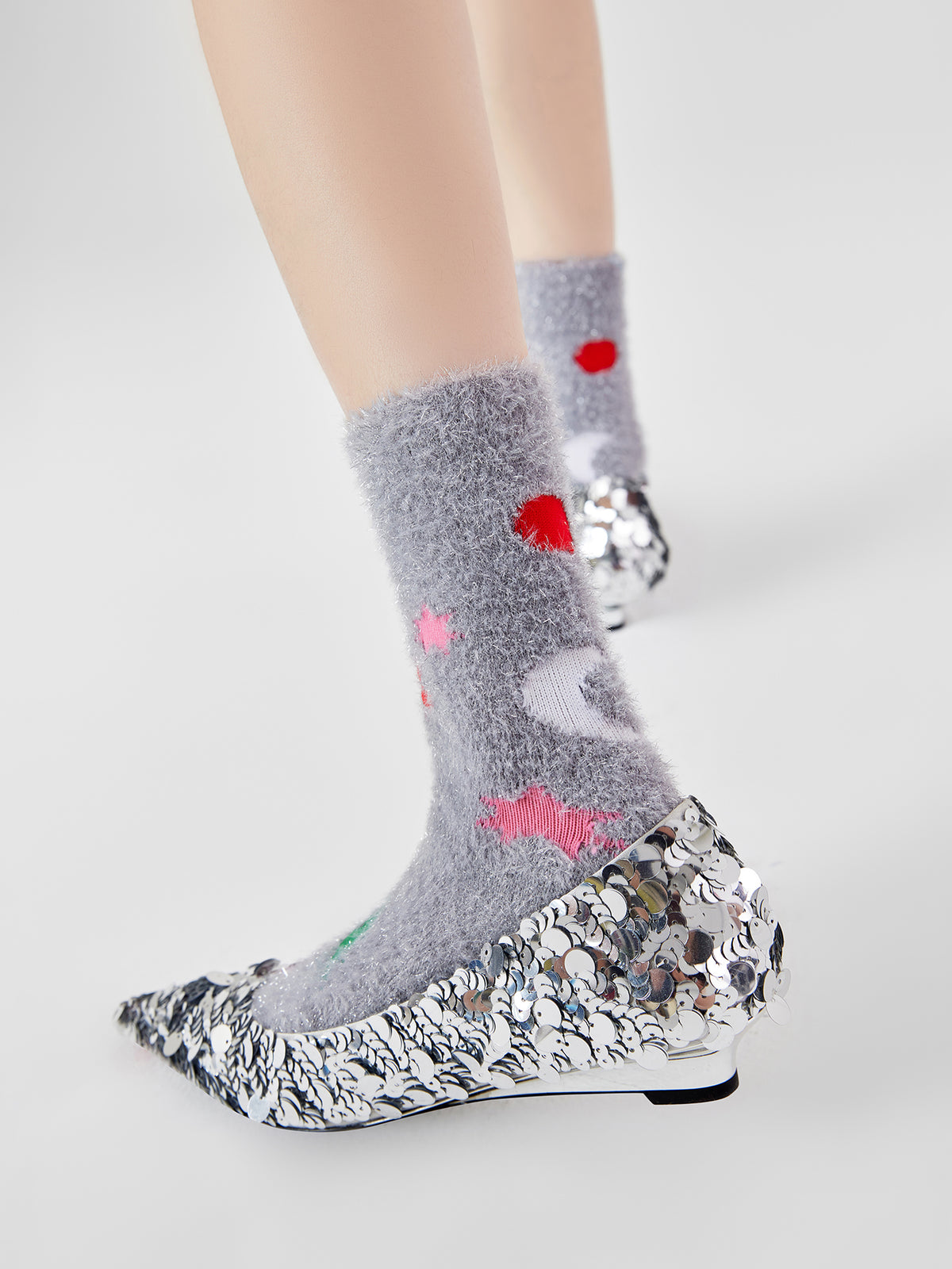 Fuzzy Silver-and-Green Christmas Socks