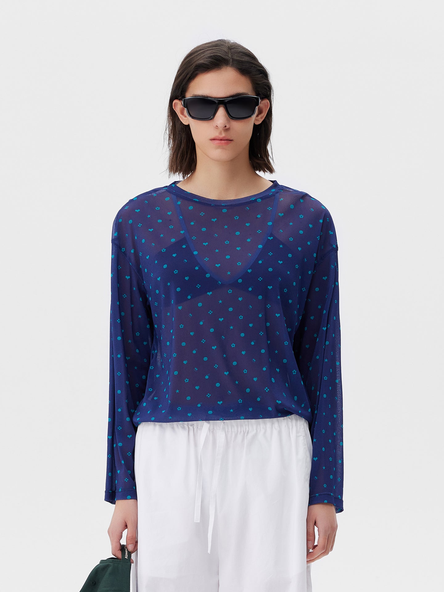 Printed Symbol & Polka Dot Mesh Top