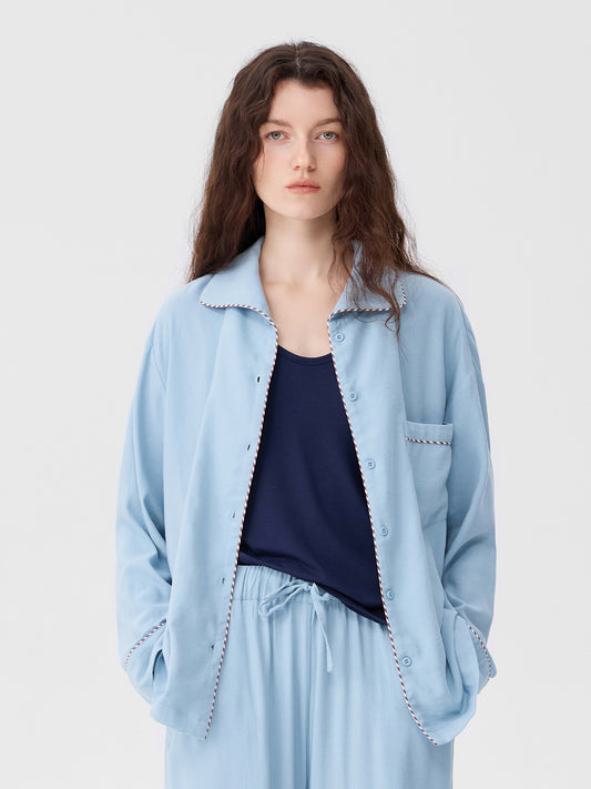 Solid-Color Twill-Striped Long-Sleeve Loungewear