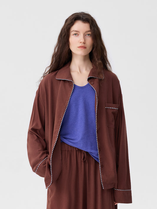 Solid-Color Twill-Striped Long-Sleeve Loungewear