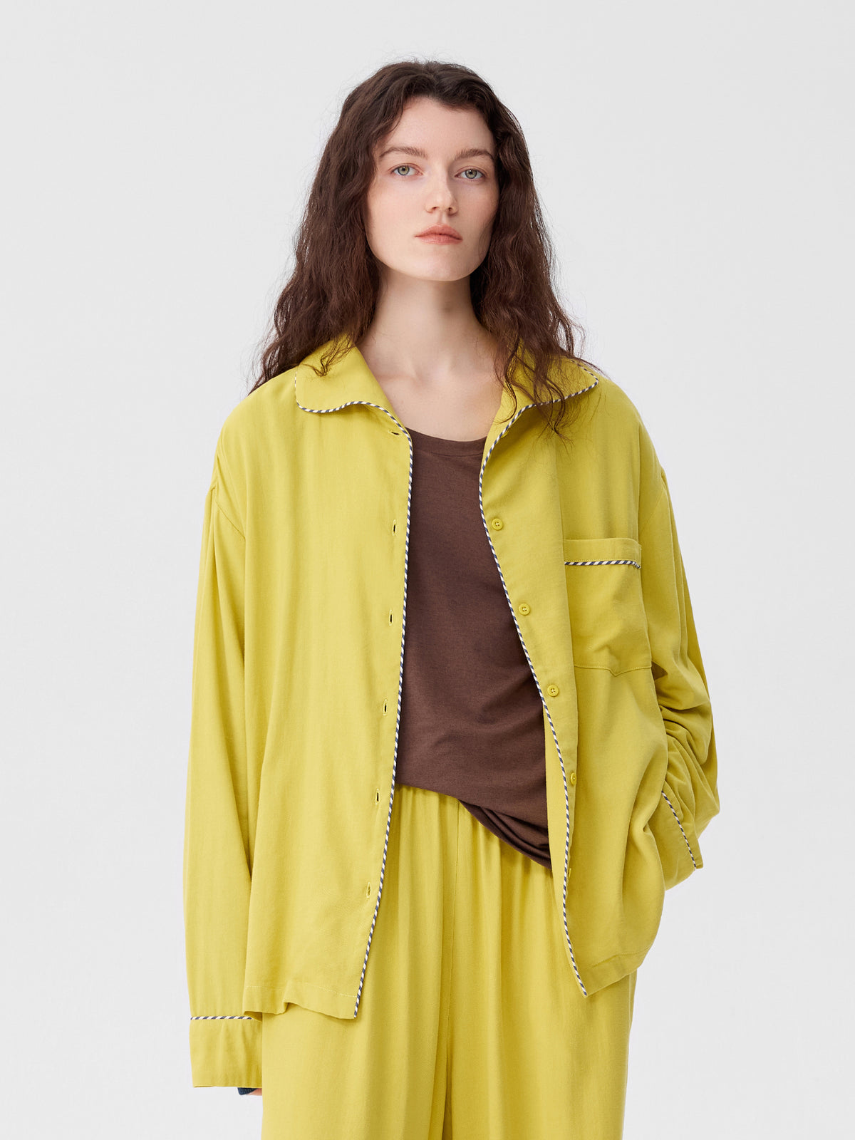 Solid-Color Twill-Striped Long-Sleeve Loungewear