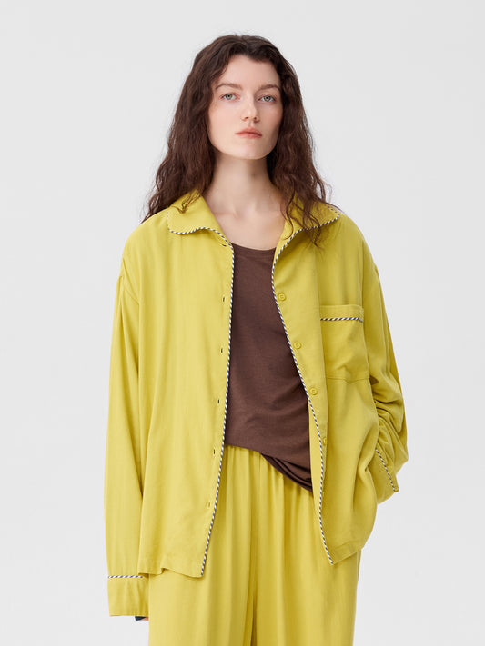 Solid-Color Twill-Striped Long-Sleeve Loungewear