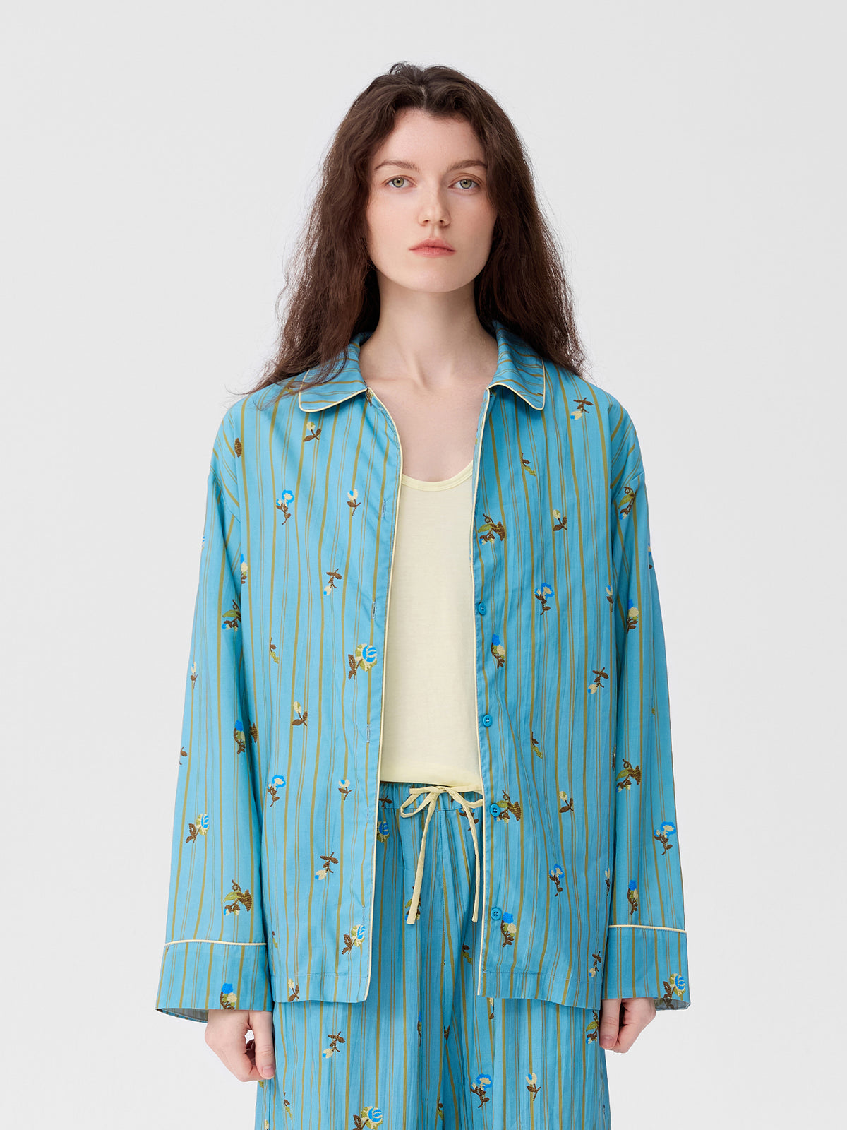 Retro Embroidered Floral-Striped Long-Sleeve Loungewear