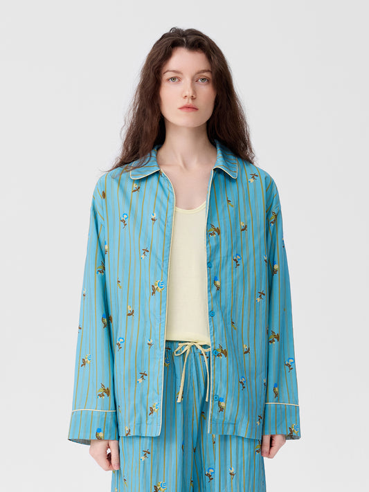 Retro Embroidered Floral-Striped Long-Sleeve Loungewear