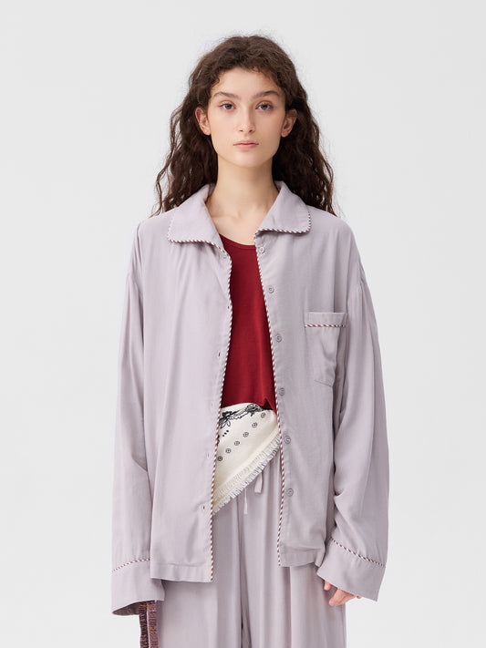 Solid-Color Twill-Striped Long-Sleeve Loungewear