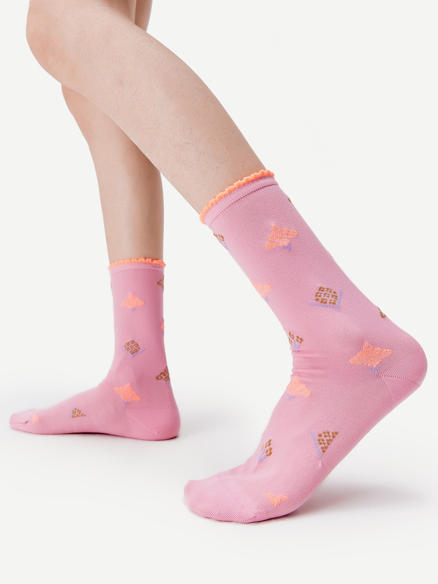 Ruffle-Trim Ethnic Brocade Crew Socks