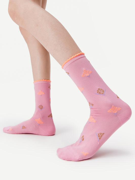 Ruffle-Trim Ethnic Brocade Crew Socks