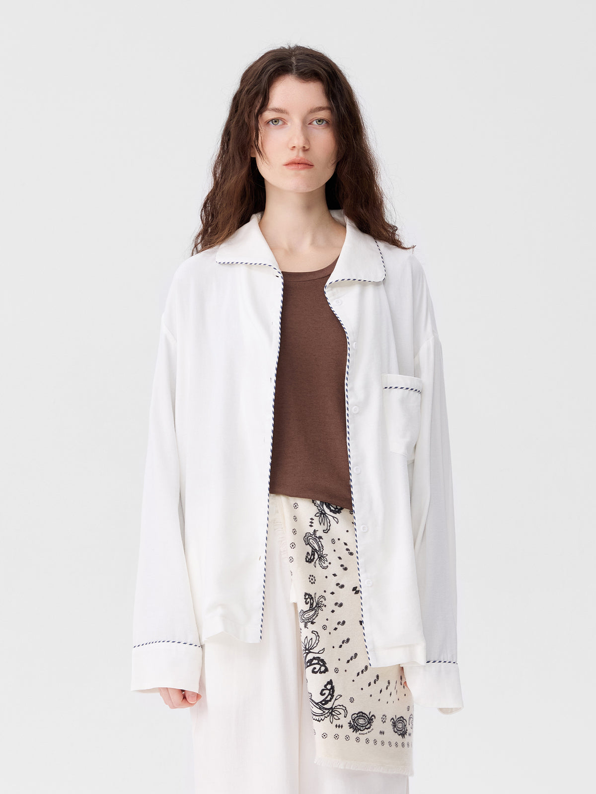 Solid-Color Twill-Striped Long-Sleeve Loungewear