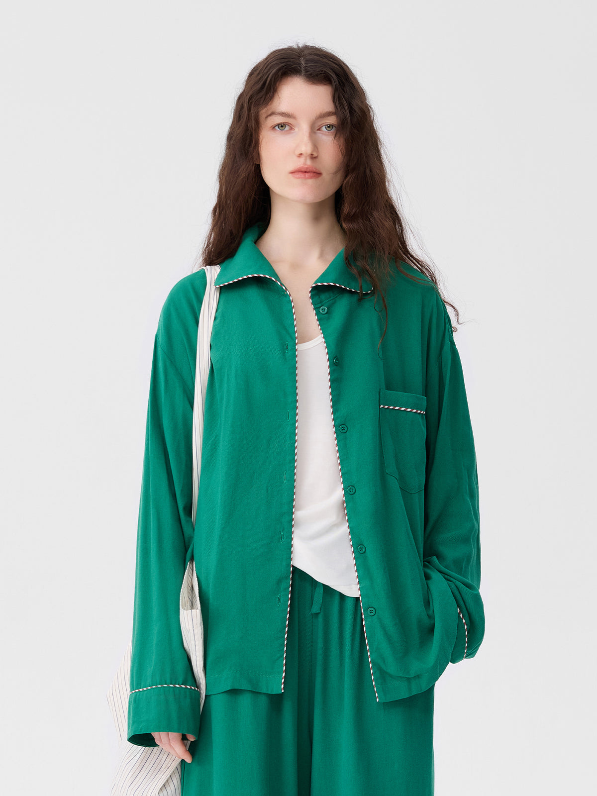 Solid-Color Twill-Striped Long-Sleeve Loungewear
