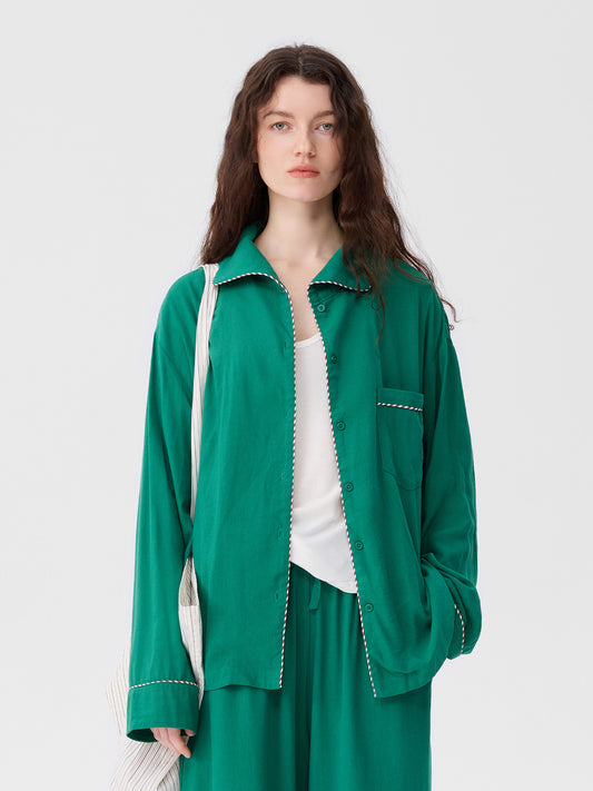 Solid-Color Twill-Striped Long-Sleeve Loungewear
